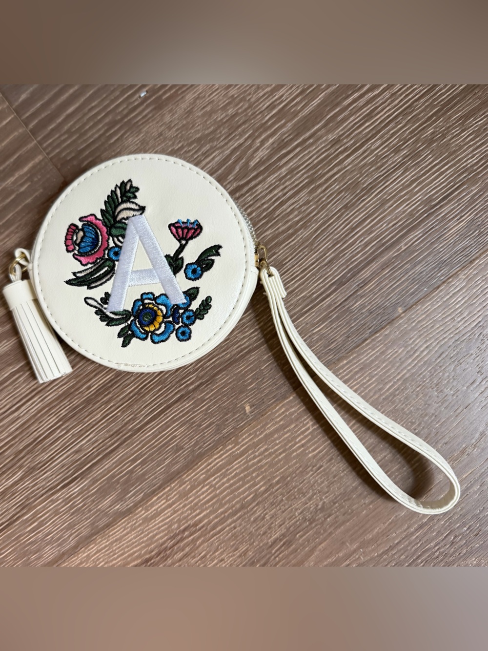 Ivory Floral 'A' Monogram Round Wristlet